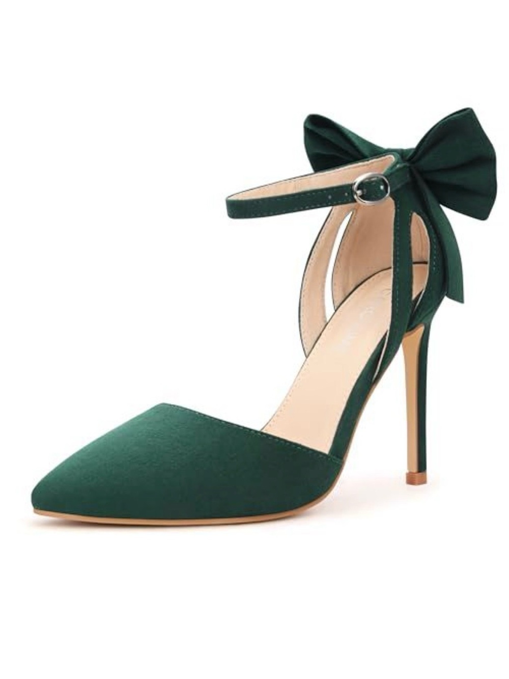 Bow-Back Ankle Strap Pointed-Toe Heels in Deep Green